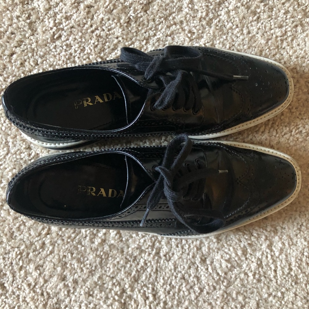 Prada Wintip Black Leather Platform Brogue Shoes